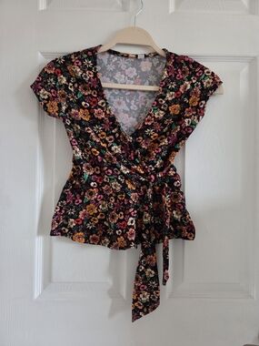 Rebel Sugar Black Floral Wrap Blouse with Multicolor Blooms